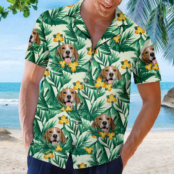 Motif de fleurs et feuilles tropicales colorées - T-shirt hawaïen unisexe personnalisé pour chien et chat - Télécharger une image, visage de chien, visage de chat - Cadeau vacances d'été, cadeau pour propriétaires d'animaux, amoureux des animaux