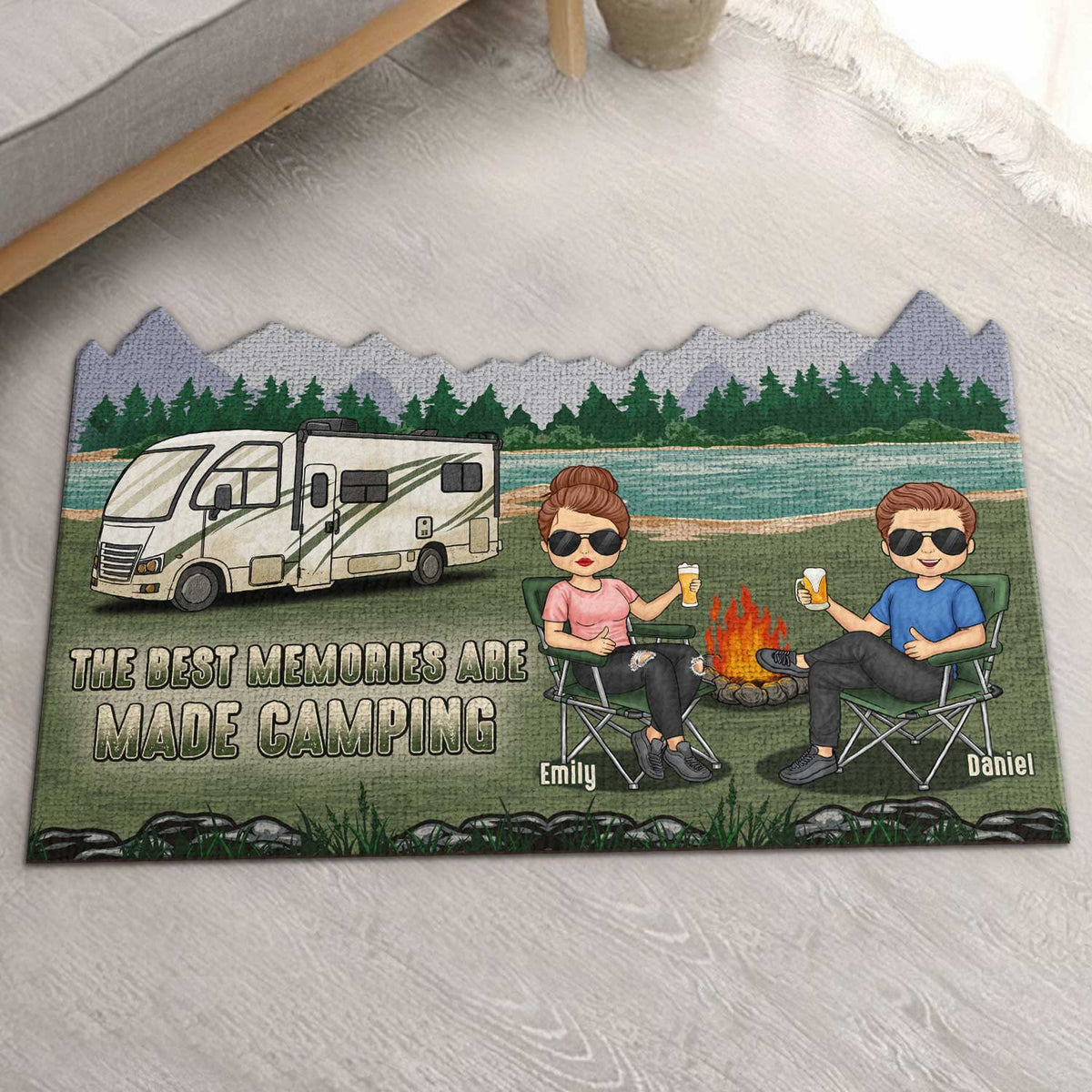 La maison est là où nous la garons - Tapis décoratif personnalisé - Cadeau pour les couples, cadeau pour les amateurs de camping 