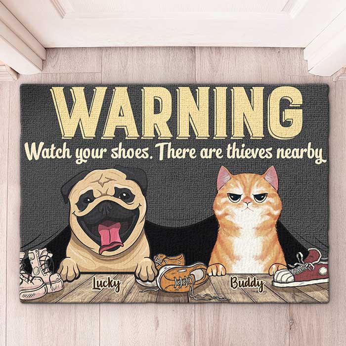 Attention aux chaussures, il y a des voleurs à proximité ! Tapis décoratif personnalisé ! Cadeau pour les amoureux des animaux, les propriétaires d'animaux, cadeau pour animaux de compagnie
