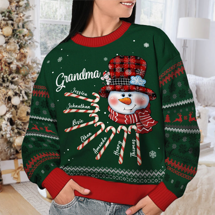 Sweat-shirt de Noël unisexe personnalisé « Nana Snowman Candy Cane » en laine, imprimé intégral, cadeau pour grand-mère, grands-parents, Noël
