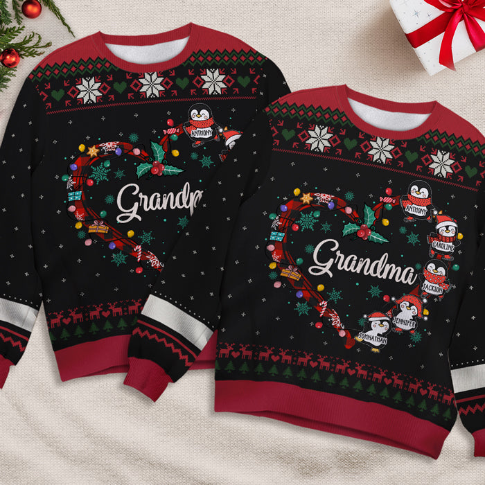 Noël des petits pingouins de grand-mère - Sweat-shirt moche personnalisé pour la famille - Pull en laine unisexe - Cadeau de Noël pour grand-mère et grands-parents