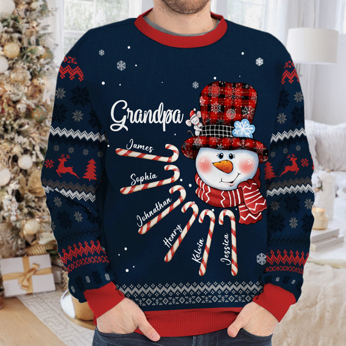 Sweat-shirt de Noël unisexe personnalisé « Nana Snowman Candy Cane » en laine, imprimé intégral, cadeau pour grand-mère, grands-parents, Noël