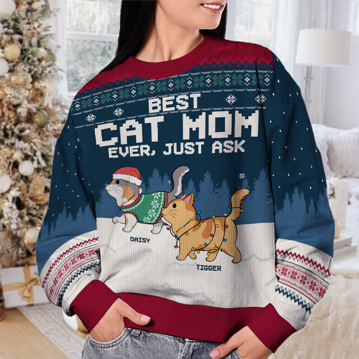 Meilleure maman chat, meilleur papa chat de tous les temps ! Demandez-moi ! Sweat-shirt moche personnalisé pour chat ! Pull en laine unisexe ! Cadeau de Noël pour propriétaires et amoureux des animaux