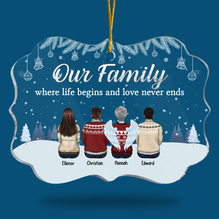 Notre famille, là où la vie commence et où l'amour ne finit jamais - Décoration de Noël personnalisée en acrylique en forme de Benelux - Cadeau pour les membres de la famille, cadeau de Noël