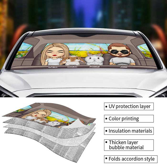 Voyage en famille avec un lapin - Pare-soleil de voiture personnalisé - Cadeau pour couple, mari et femme