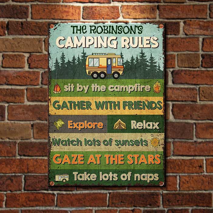 Camping Rules - Sit By The Campfire - Personalized Metal Sign.