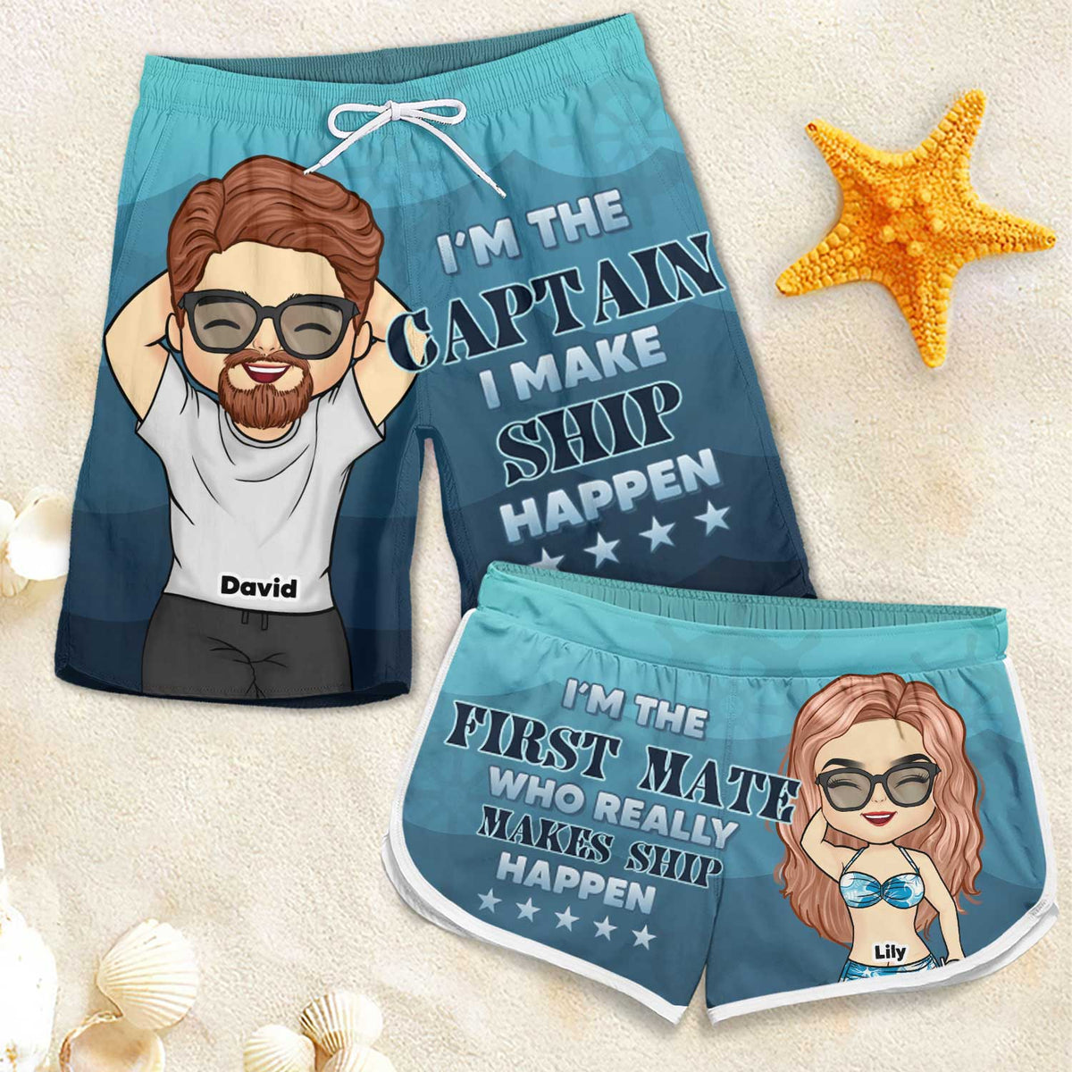 Je suis le capitaine et je suis le premier compagnon - Short de plage personnalisé pour couple - Cadeau pour couples, mari et femme