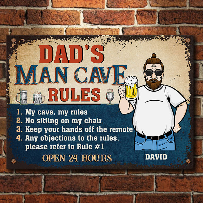 Règles de la caverne de papa - Cadeau pour papa, grand-père - Plaque en métal personnalisée