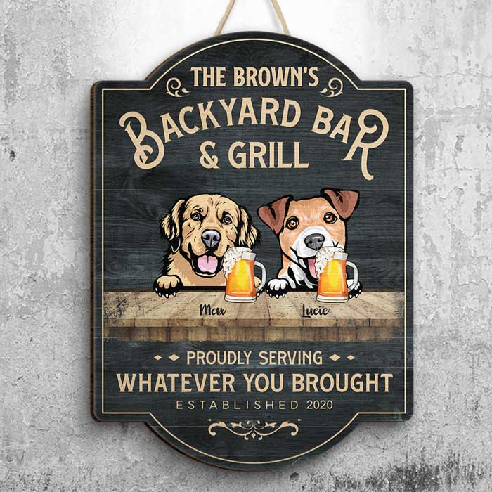 Family Backyard Bar & Grill - Gift For Dog Lovers, Personalized Shaped Door Sign.