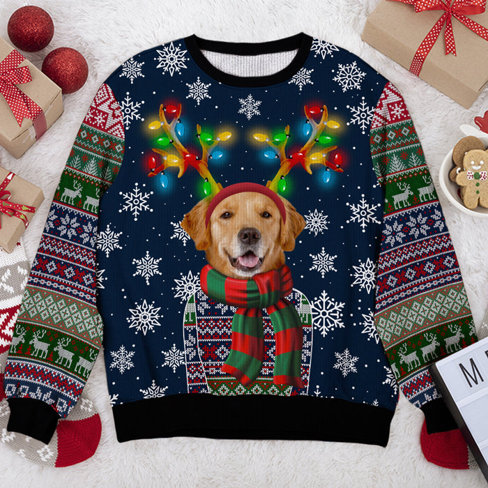 Un animal de compagnie en costume de Noël avec des bois de renne colorés - Sweat-shirt personnalisé pour chien et chat - Pull unisexe en laine - Télécharger une image, Cadeau de Noël pour les propriétaires et les amoureux des animaux