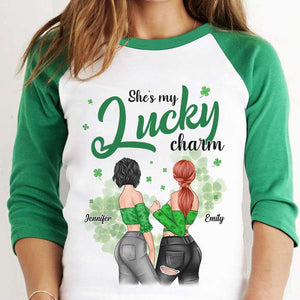 She's My Lucky Charm - Gift For Besties, Personalized St. Patrick's Day Unisex Raglan Shirt.