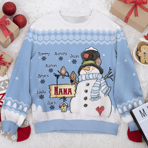 Nana Bonhomme de Neige et ses Petits Flocons de Neige - Sweat-shirt de Noël unisexe personnalisé, sweat-shirt en laine, sweat-shirt imprimé intégral - Cadeau pour grand-mère, grands-parents, cadeau de Noël