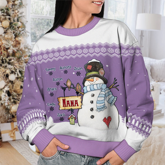 Nana Bonhomme de Neige et ses Petits Flocons de Neige - Sweat-shirt de Noël unisexe personnalisé, sweat-shirt en laine, sweat-shirt imprimé intégral - Cadeau pour grand-mère, grands-parents, cadeau de Noël