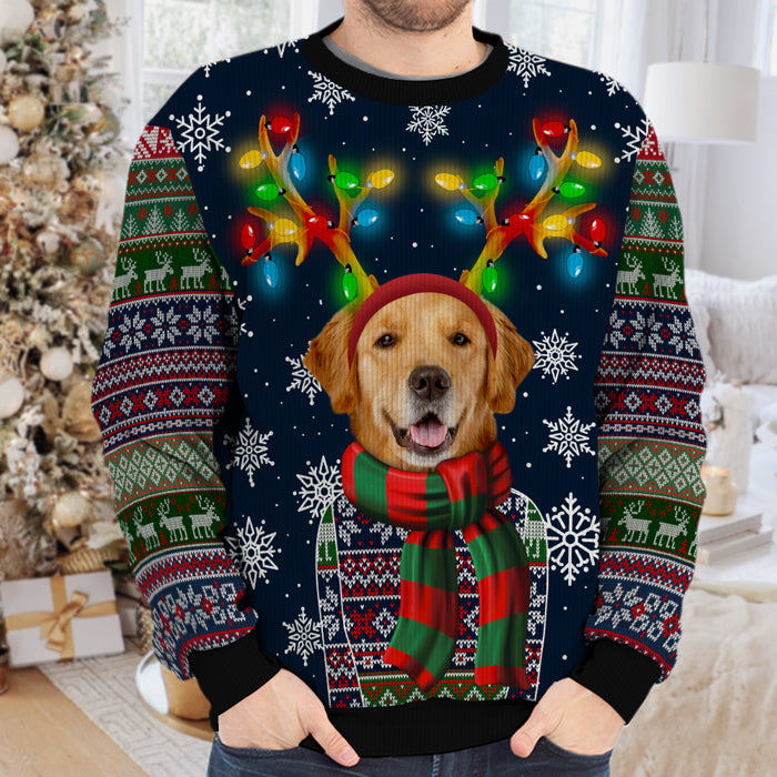 Un animal de compagnie en costume de Noël avec des bois de renne colorés - Sweat-shirt personnalisé pour chien et chat - Pull unisexe en laine - Télécharger une image, Cadeau de Noël pour les propriétaires et les amoureux des animaux