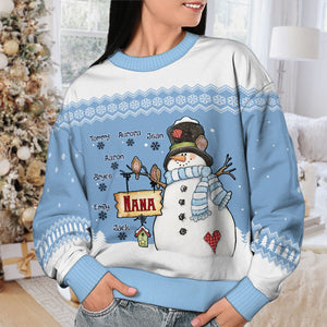 Nana Bonhomme de Neige et ses Petits Flocons de Neige - Sweat-shirt de Noël unisexe personnalisé, sweat-shirt en laine, sweat-shirt imprimé intégral - Cadeau pour grand-mère, grands-parents, cadeau de Noël