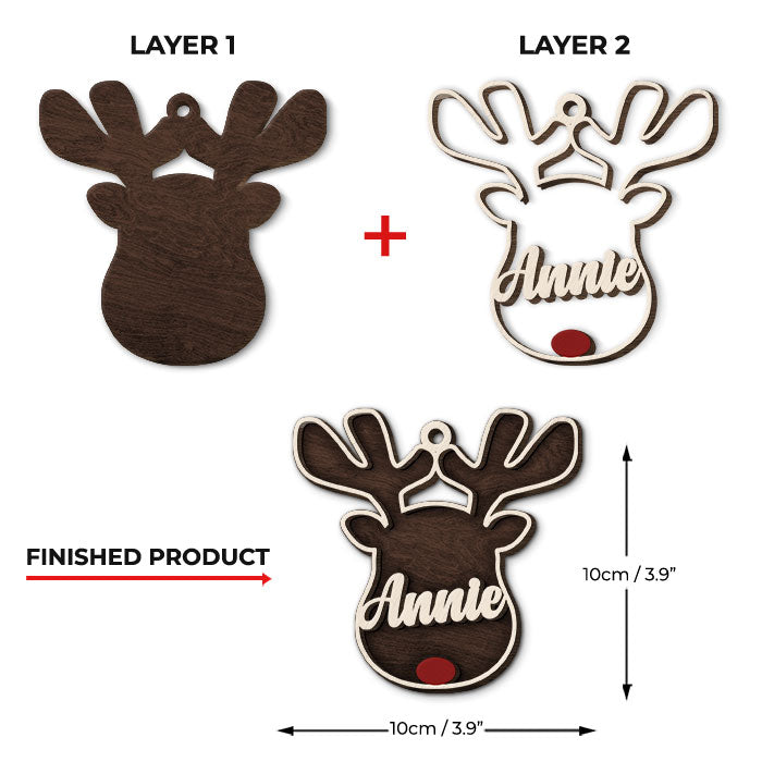 Décoration de Noël personnalisée en bois à 2 couches en forme de visage de renne - Cadeau de Noël