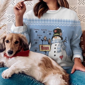 Nana Bonhomme de Neige et ses Petits Flocons de Neige - Sweat-shirt de Noël unisexe personnalisé, sweat-shirt en laine, sweat-shirt imprimé intégral - Cadeau pour grand-mère, grands-parents, cadeau de Noël