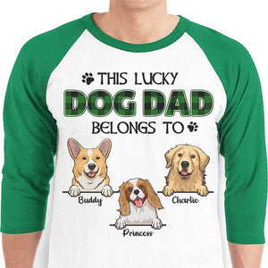 This Lucky Dog Mom, Dog Dad Belongs To - Personalized St. Patrick's Day Unisex Raglan Shirt.