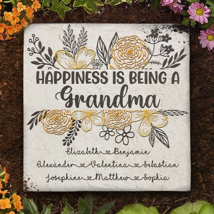 Le bonheur c'est d'être grand-mère - Pierre de jardin personnalisée - Cadeau pour grand-mère et grands-parents