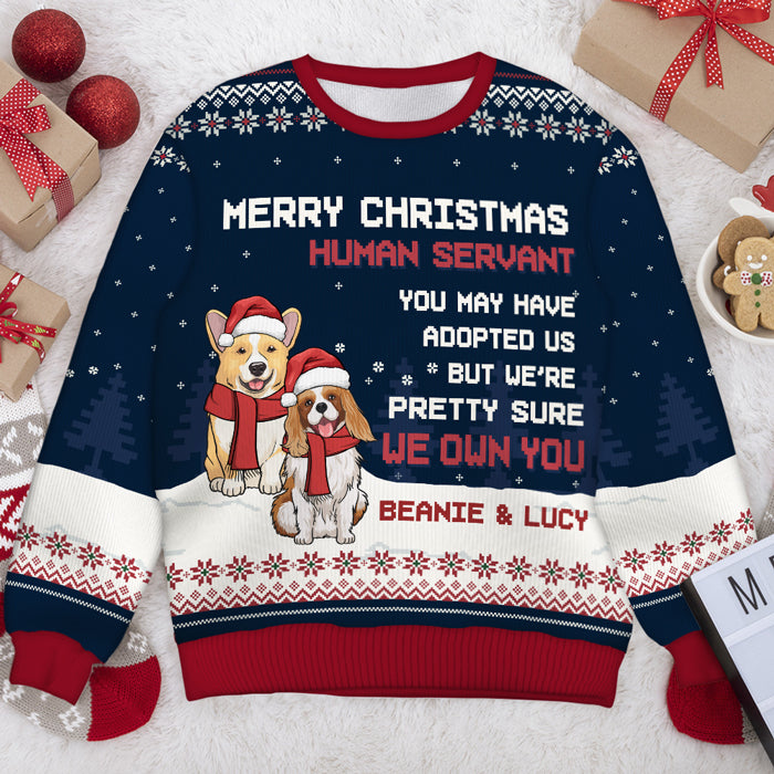 Joyeux Noël Serviteur Humain - Sweat-shirt de Noël unisexe personnalisé, sweat-shirt en laine, sweat-shirt imprimé intégral - Cadeau pour les amoureux des chiens, les amoureux des animaux, cadeau de Noël