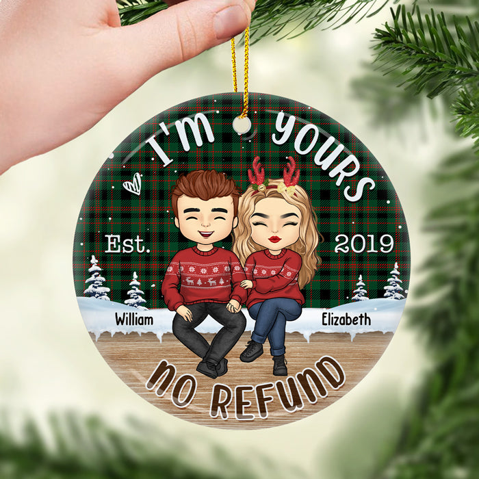 Aucun remboursement, je suis à toi - Décoration de Noël ronde personnalisée en céramique - Cadeau pour couple, mari, femme, anniversaire, fiançailles, mariage, cadeau de mariage, cadeau de Noël