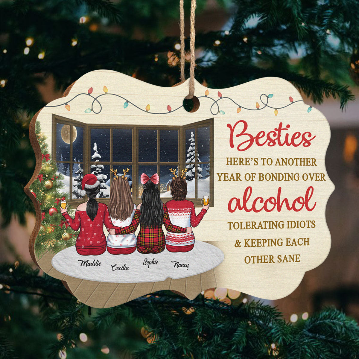 Voici une autre année de liens autour des idiots tolérants à l'alcool - Décoration de Noël en bois personnalisée en forme de Benelux - Cadeau pour meilleure amie, meilleure amie, sœur, cadeau d'anniversaire pour meilleure amie et amie, cadeau de Noël