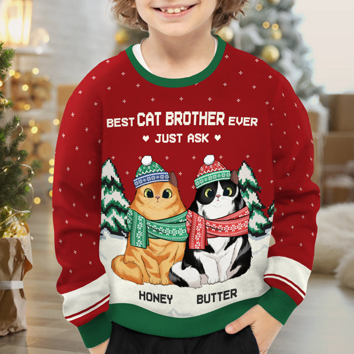 Meilleurs frères et sœurs félins de tous les temps - Sweat-shirt de Noël unisexe personnalisé et moche, sweat-shirt en laine, sweat-shirt imprimé intégral - Cadeau pour les amoureux des chats, les amoureux des animaux, cadeau de Noël