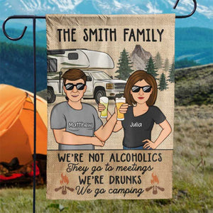 Drapeau vintage « On est ivres, on va camper » - Cadeau pour les amateurs de camping