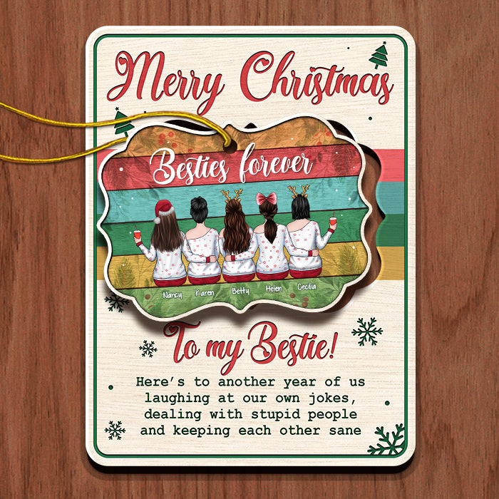 Merry Christmas Besties Forever - Personalized Christmas Wooden Card With Pop Out Ornament - Gift For Bestie, Best Friend, Sister, Birthday Gift For Bestie And Friend, Christmas Gift