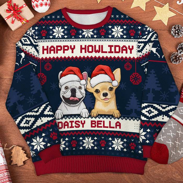 Joyeux Pawliday - Sweat-shirt de Noël unisexe personnalisé et moche, en laine, imprimé intégral - Cadeau pour les amoureux des chiens, des animaux, de Noël