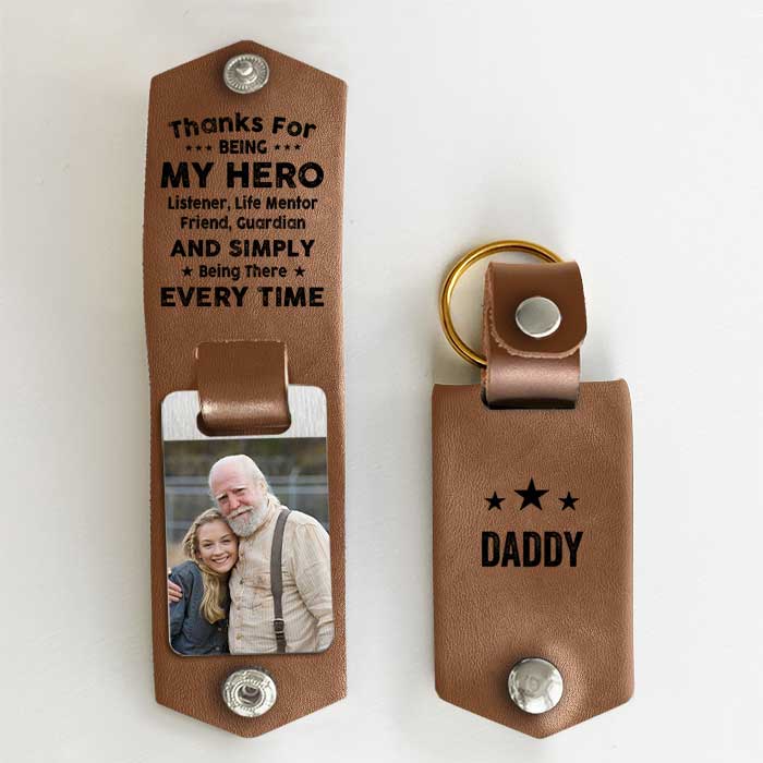 Merci d'être là à chaque fois - Porte-clés personnalisé en cuir PU - Télécharger une image, cadeau pour papa
