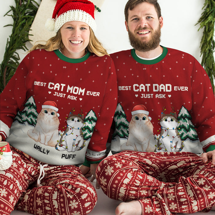 Meilleur papa chat de tous les temps - Sweat-shirt de Noël unisexe personnalisé et moche, sweat-shirt en laine, sweat-shirt imprimé intégral - Cadeau pour les amoureux des chats, les amoureux des animaux, cadeau de Noël