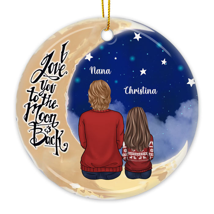 Je t'aime jusqu'à la lune et retour - Décoration de Noël ronde personnalisée en céramique - Cadeau pour grand-mère, grands-parents, cadeau de Noël