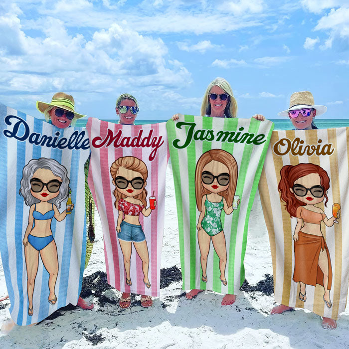 Serviette de plage personnalisée motif chibi à rayures - Cadeau pour meilleure amie