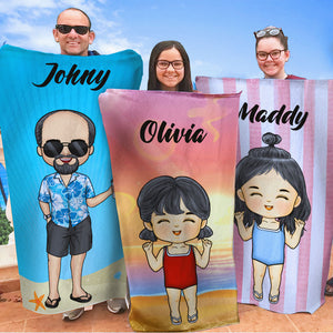 Vacances d'été en famille Chibi - Serviette de plage personnalisée - Cadeau pour la famille