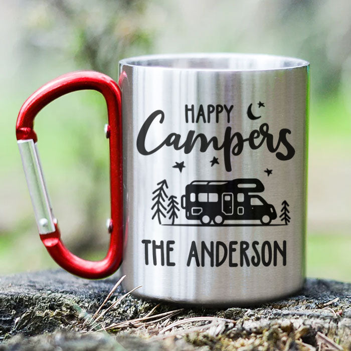 Happy Campers - Mug de camping personnalisé avec mousqueton - Cadeau pour les amateurs de camping