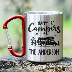 Happy Campers - Mug de camping personnalisé avec mousqueton - Cadeau pour les amateurs de camping
