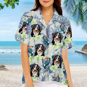 Motif oiseau tropical et fleurs - T-shirt hawaïen unisexe personnalisé pour chien et chat - Télécharger une image, visage de chien ou de chat - Cadeau vacances d'été, cadeau pour propriétaires d'animaux et amoureux des animaux