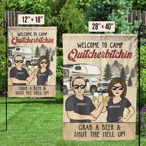 Bienvenue au Camp Quitcherbitchin Vintage – Drapeau personnalisé – Cadeau pour les amateurs de camping