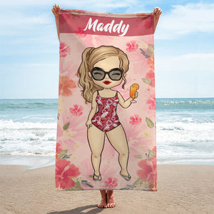 Serviette de plage personnalisée Chibi Summer Vibe Vacation - Cadeau pour meilleure amie