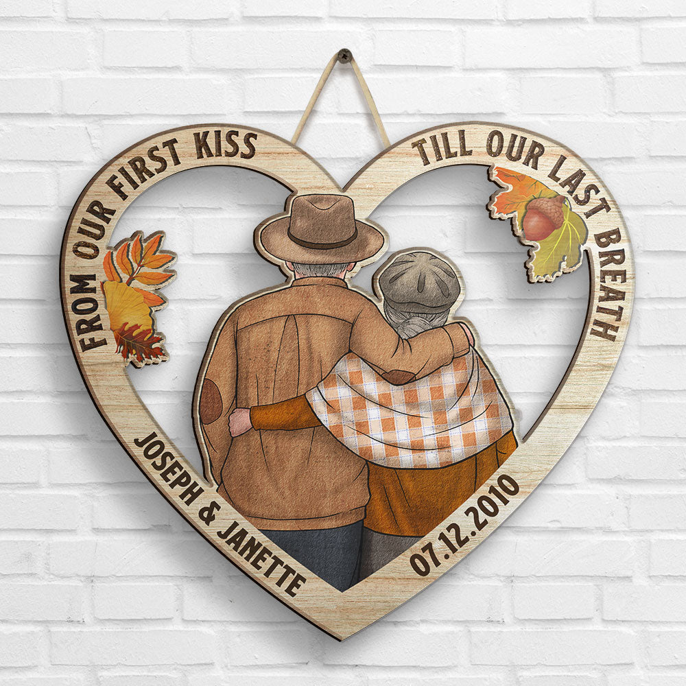 Notre premier baiser en forme de cœur - Panneau en bois personnalisé - Cadeau pour couple, mari et femme