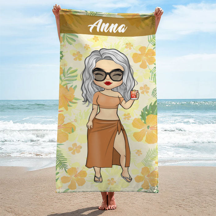 Serviette de plage personnalisée Chibi Summer Vibe Vacation - Cadeau pour meilleure amie