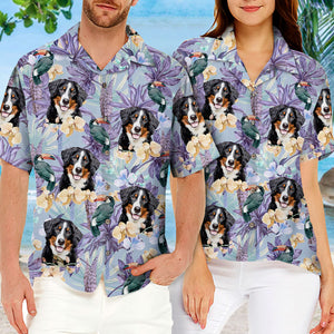 Motif oiseau tropical et fleurs - T-shirt hawaïen unisexe personnalisé pour chien et chat - Télécharger une image, visage de chien ou de chat - Cadeau vacances d'été, cadeau pour propriétaires d'animaux et amoureux des animaux
