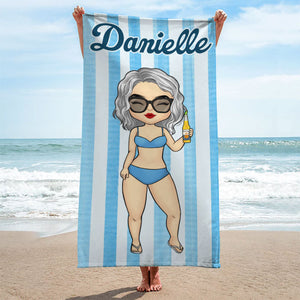 Serviette de plage personnalisée motif chibi à rayures - Cadeau pour meilleure amie