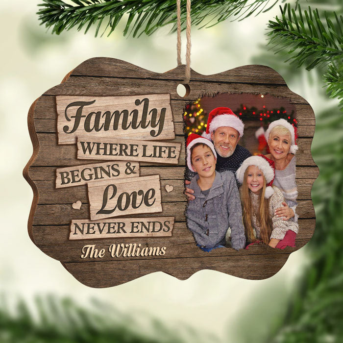 Famille où l'amour ne finit jamais - Décoration de Noël personnalisée en bois avec photo en forme de Benelux - Télécharger une image, cadeau pour la famille, cadeau de Noël