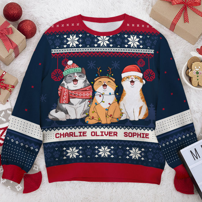 Chats de Noël - Sweat-shirt de Noël unisexe personnalisé, en laine, imprimé intégral - Cadeau pour les amoureux des chats, des animaux, de Noël