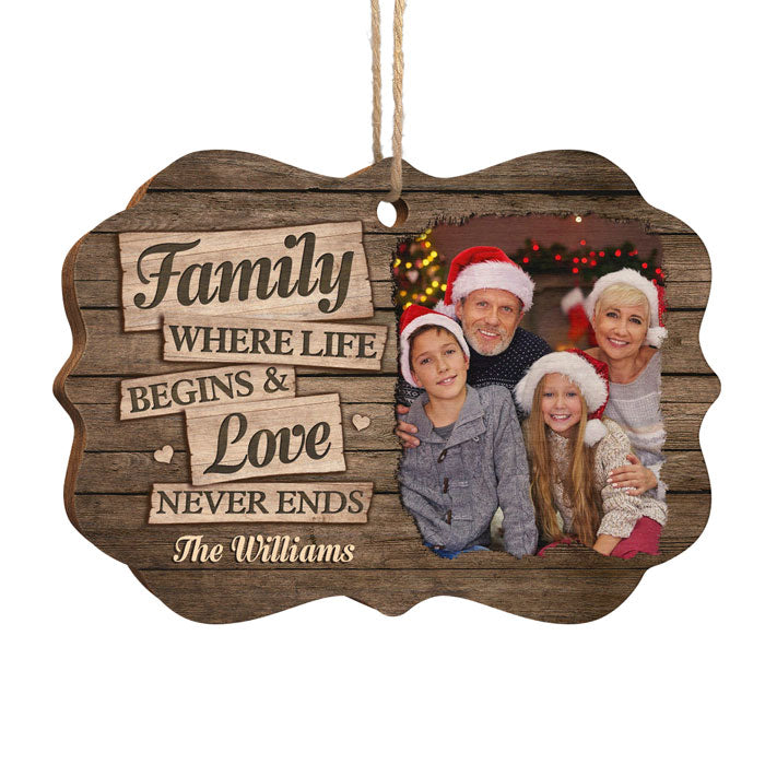 Famille où l'amour ne finit jamais - Décoration de Noël personnalisée en bois avec photo en forme de Benelux - Télécharger une image, cadeau pour la famille, cadeau de Noël