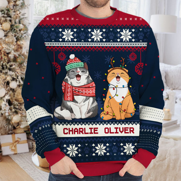 Chats de Noël - Sweat-shirt de Noël unisexe personnalisé, en laine, imprimé intégral - Cadeau pour les amoureux des chats, des animaux, de Noël
