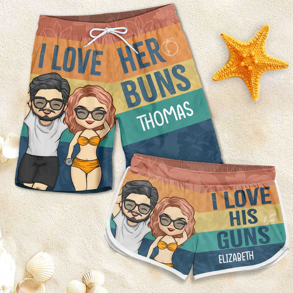 Short de plage personnalisé pour couple - Cadeau pour couple, mari et femme