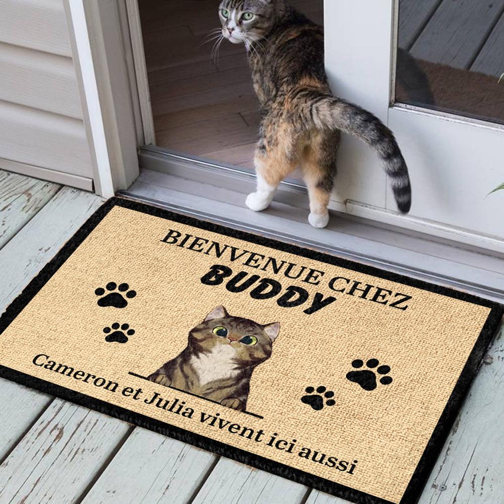 Bienvenue personnalisée à la Maison du Chat French- Funny Personalized Cat Decorative Mat (WT).